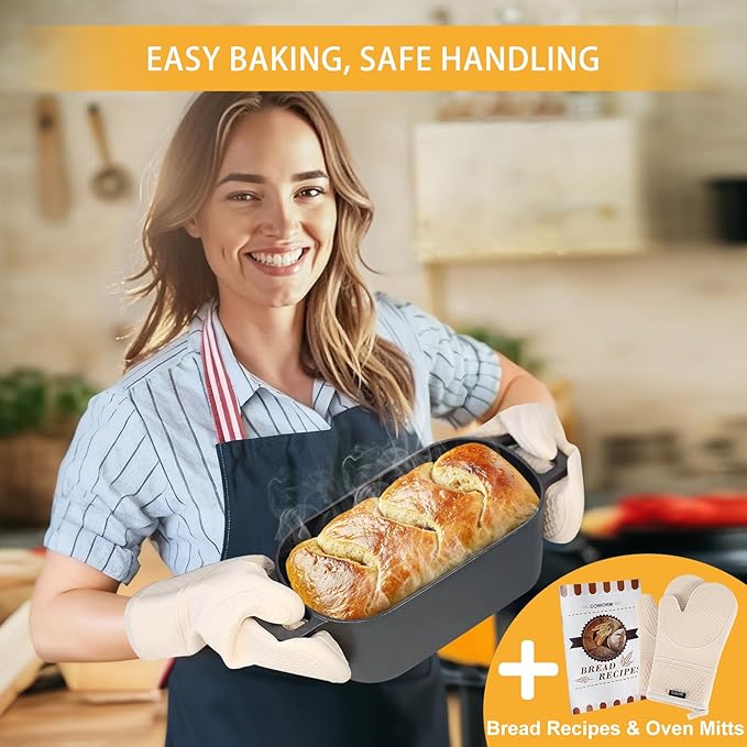 3.6 QT Cast Iron Loaf Bread Pan with Lid, Oval Dutch Oven for Bread Baking | Pre-Seasoned, Even Heat, Easy Release, Heavy-Duty, Oven Mitts & Recipe Book Included