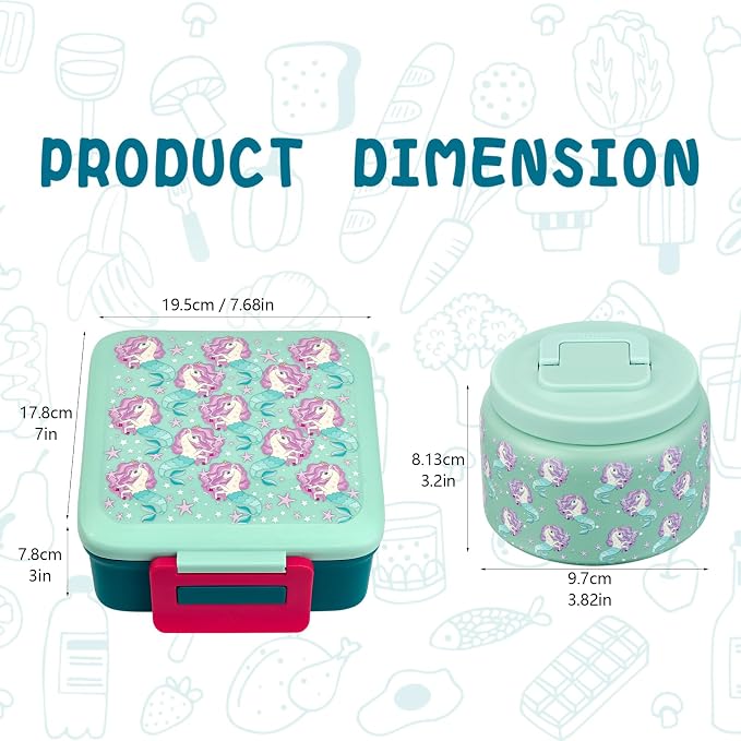 JXXM Bento Lunch Box for Kids with 8oz Soup Thermo,Leak-Proof Lunch Containers with 5 Compartment,Thermo Food Jar Food Containers for School (Blue-Unicorn)