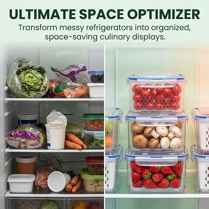 Fruit Storage Containers for Fridge with Removable Colander, Airtight Produce Storage Containers with Lids, Fridge Organizers and Storage for Berry, Fruit, Vegetables, Salad & Meal Prep (Blue, S)