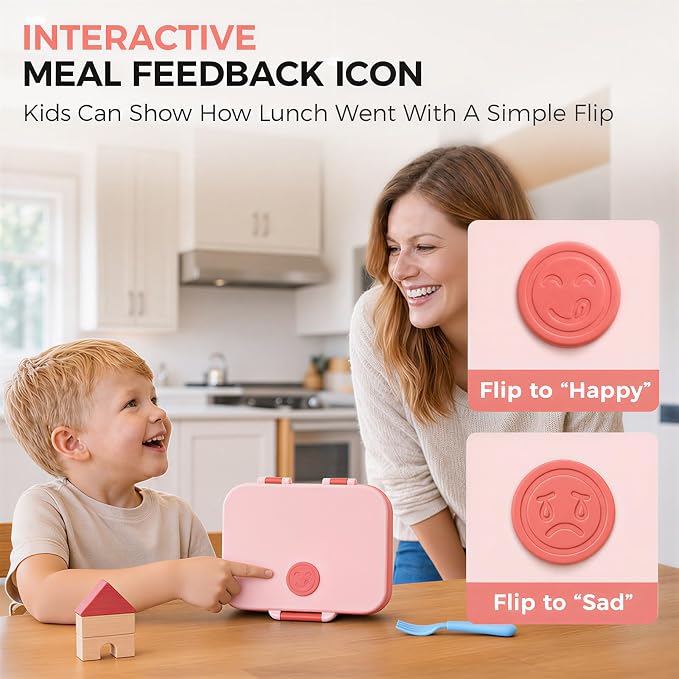 Kids Stainless Steel Bento Lunch Box, 4 Compartments | Leak-Resistant 4 Cups Lunch Container for Ages 4+ with Easy-Open Latch, Removable Seal & Meal Feedback Icon