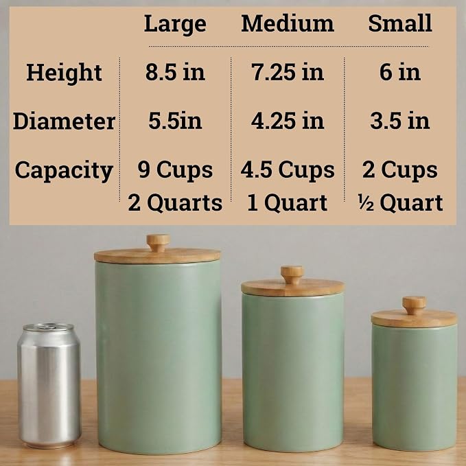 Ceramic Kitchen Canisters for Countertop Set of 3 w/ Airtight Bamboo Lids | Thick Sturdy Ceramic, Matte Finish, Airtight Easy Open Bamboo Lids, Comfortable Bamboo Handles, Jar Volumes: 2, 1, 0.5 quarts