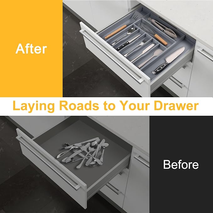 Large Premium Bamboo Silverware Organizer - Expandable Drawer Organizer & Utensil Organizer - 17"x19.7" Cutlery Tray with Dividers for Kitchen Utensils and Flatware (7-9 Slots) (Grey)