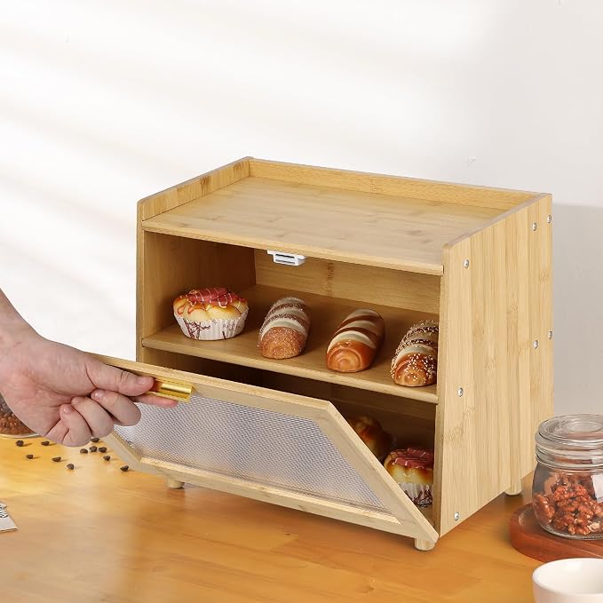 Garvee 2-Tier Bamboo Bread Box for Kitchen Counter, Farmhouse with Window | Clear Window, Strong Magnetic Closure, Compact Footprint, Flat Top, for Kitchen Countertop, Naural & Gold