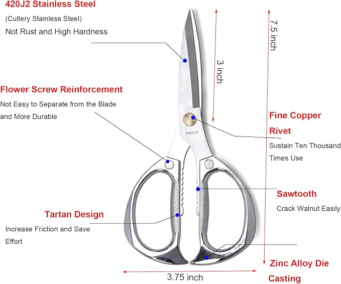 Kitchen Scissors All Purpose, 7.5 Inch Heavy Duty Food Shears | Ultra Sharp Stainless Steel for Cutting Meat Vegetables Herbs BBQ, Office Fabric Craft Use