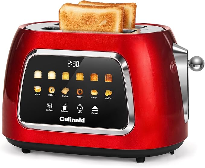 Toaster 2 Slice Smart Touch Screen, Retro 1.5'' Extra Wide Slot Stainless Steel Digital Bread Toaster with Memory Function, Bagel, Defrost, 6 Browning Levels and Removable Crumb Tray, Red