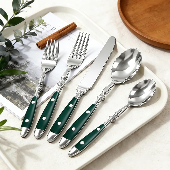 Vintage Silverware Set Service for 4, Flatware Set with Green Bakelite Handle, Stainless Steel Cutlery Set, Dishwasher Safe