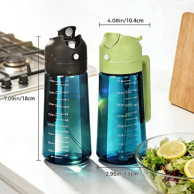 Glass Olive Oil Sprayer for Cooking (16oz/470ml), 2 in 1 Olive Oil Dispenser Bottle for Kitchen Gadgets and Air Fryer Accessories, Salad, BBQ (2-Pack, Blue Black Green)