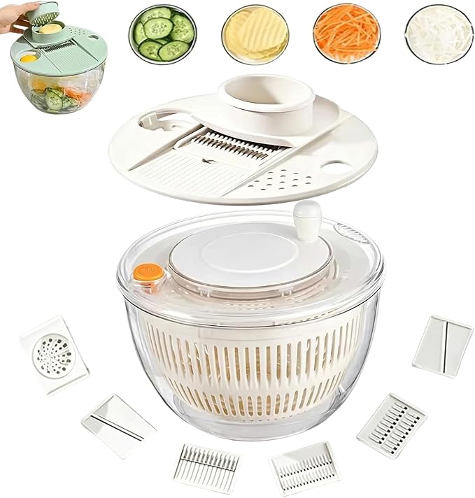 Large Capacity Multi-Function Salad Spinner with Quick Stop Button, Salad Spinner Stainless Steel, Salad Spinner Large, with 5 Blade Slicer Egg Yolk Strainer Shredder (Transparent White)