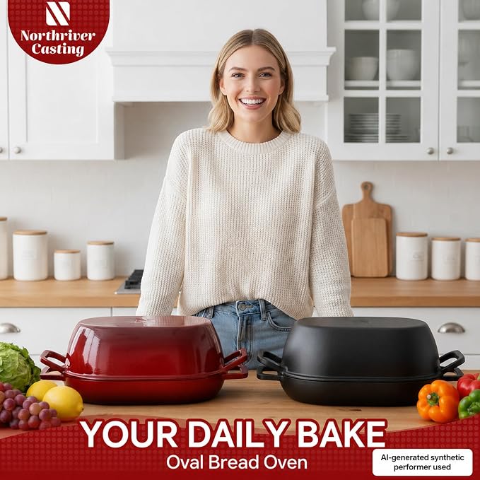 Northriver Casting 12"x8" Oval Cast Iron Dutch Oven for Bread Baking，Pre-Seasoned Combo Cooker with Lid, Perfect for Sourdough, Artisan Loaves & Family Meals,5 Qt