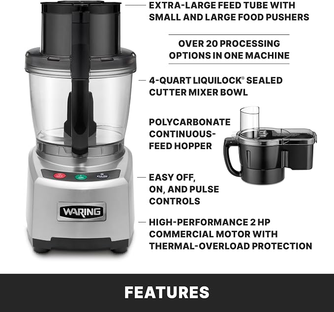 Waring Food Processor with 4-Quart Capacity & Continuous-Feed | 4-Quart Capacity, 2 Horsepower Motor, Continuous-Feed Food Processor