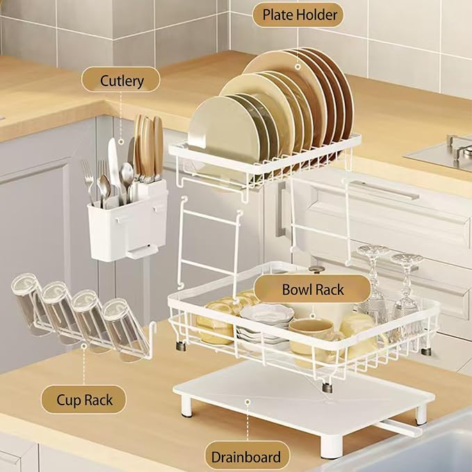 Small 2 Tier Dish Drying Rack, Space Saving Dish Racks for Kitchen Counter, Kitchen Organizer Dish Drainer with Cutlery Holder for Spoons and Forks, 11''W x 15''L, White