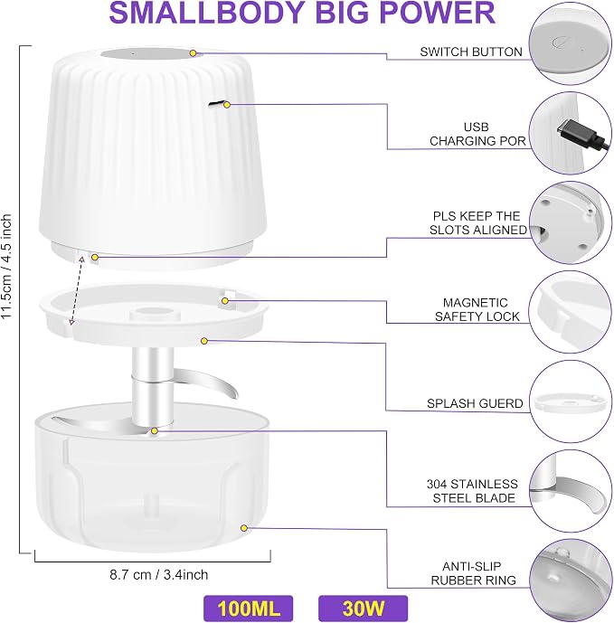 100ML Garlic Chopper, Electric Garlic Mincer, Mini Food Processor | 2 Blades Onion Grinder, USB Garlic Press, Small Portable Vegetable Chopper for Chili, Fruit, Meat