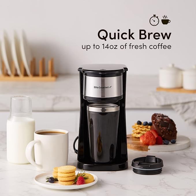 Elite Gourmet EHC-112B Personal Single-Serve Compact Coffee Maker, Black | Includes 14oz stainless steel interior thermal travel mug, reusable filter - compatible with coffee grounds