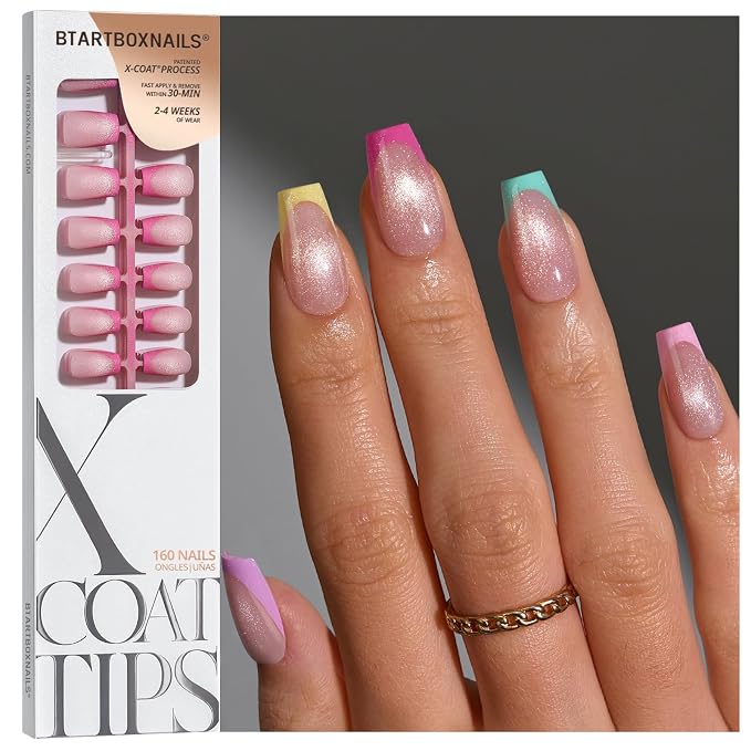 BTArtboxnails XCOATTIPS Pastel French Tip Press On Nails, S Coffin, Cat Eye | Lamp-Curable 4-Week Wear, Salon Quality Value at Home, Natural Nail Look, Easy-to-Apply for Beginners, 160ct Nail Tips Only