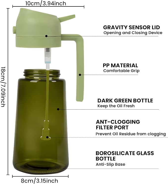 Oil Dispenser Glass Bottle, 16oz/470ml, 2 in 1 Oil Sprayer and Pourer, Light-Blocking Dark Glass, for Cooking, Air Fryer, Salad, BBQ (Black and Green)