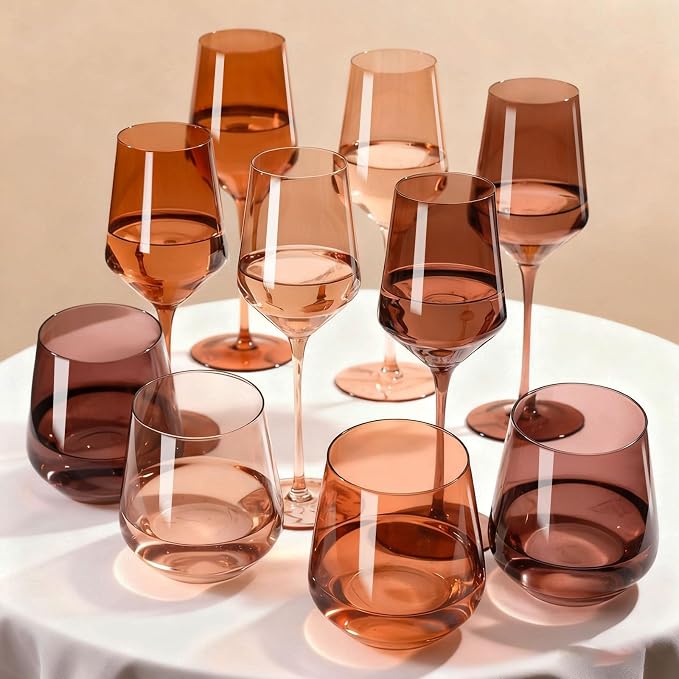 comfit Venus Wine Glasses Set of 6-14oz [Hand-Blown] Maillard-Inspired Amber & Espresso Stemware, Brown Crystal Wine Glasses, Birthday Wedding Housewarming Valentine's Day Gifts