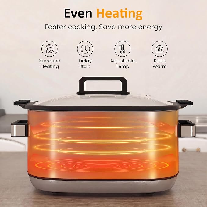 Sunvivi 12-in-1 Programmable Slow Cooker 6.5QT with Timer & Keep Warm | Multicooker with Timer & Temp Control, Dishwasher Safe Lid & Removable Nonstick Crock and Rack, Stainless Steel