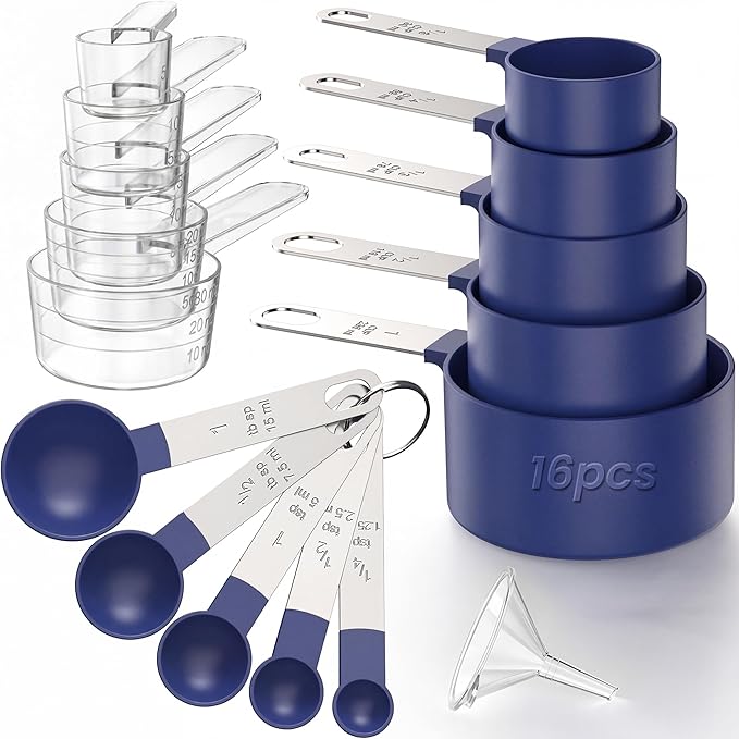 16PCS Measuring Cups and Spoons Set, Measuring Spoon Set with Metric and US Measurements, Fits for Measuring Dry and Liquid (Blue)