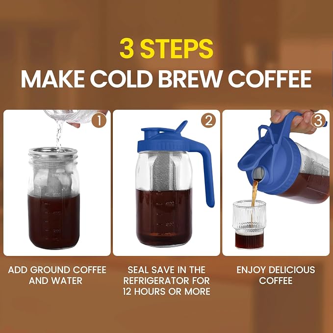 Cold Brew Coffee Maker, 32 oz Mason Jar Pitcher with Stainless Steel Filter, Pour Spout Handle Lid, Heavy Duty Glass Airtight & Leak-Proof for Iced Coffee,Tea & Lemonade