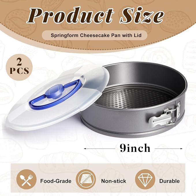 Teenyyou Non Stick Springform Cheesecake Pan with Lid and Removed Bottom Gray Round Cake Pan Travel Friendly Carbon Steel Bakeware for Pie Cake Pizza(2 Pcs,9 in)