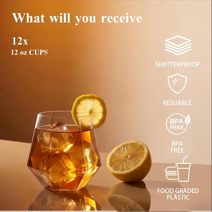 BESTSTAR 24 Pack Clear Plastic Wine Glasses Set,BPA-Free Shatterproof | 12 9 OZ Stemless Champagne Flutes & 12 12OZ Diamond Wine Whiskey Glasses,Clear Drinkware for Weddings, Parties & Events