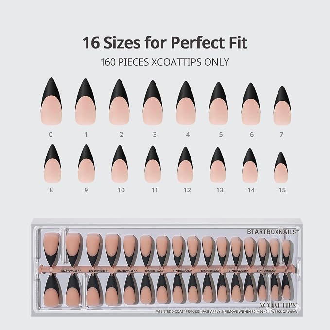 BTArtboxnails XCOATTIPS Black French Tip Press On Nails, L Stiletto, Peach | Lamp-Curable, 4-Week Wear, Natural Nail Look, Salon Quality Value at Home, Easy-to-Apply for Beginners, 160ct Nail Tips Only