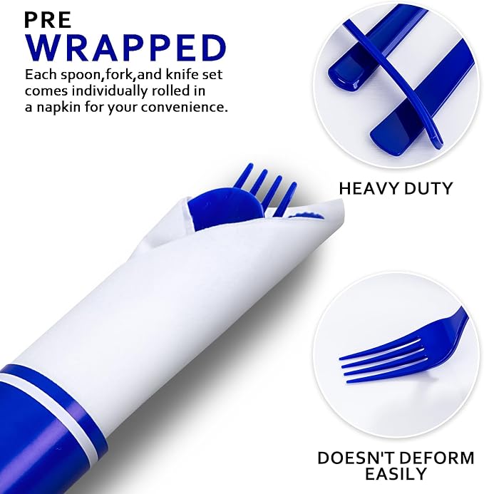 400PCS Pre Rolled Blue Plastic Silverware Set Heavy Duty for Wedding | Individually Wrapped Utensils, 100 Guests, Durable and Sturdy, BPA free, Includes Matching Napkins, for Festive Events