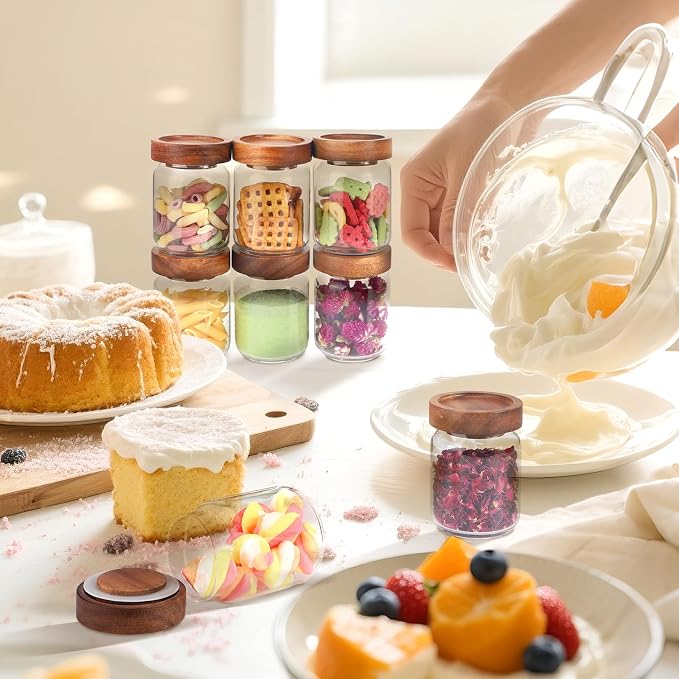 5 oz Glass Spice Jar with Acacia Wood Lid 8 pcs,Small Coffee Sugar Herb Container Food Storage Canisters Bottle for Candy Kitchen Seasoning Tea Overnight Oats Bar Snacks (8 * 150ml(5oz))
