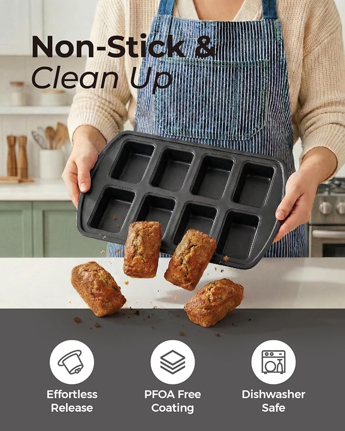 CARTMAN 2-Pack 8-Cavity Mini Loaf Pans, Carbon Steel Bread Pan Set, Black | Includes spatula & brush, 0.6mm carbon steel, nonstick release, for banana bread, mini meatloaf, ideal for keto & meal prep