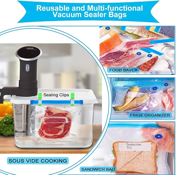 42 PCS Sous Vide Vacuum Sealer Set - 30 Reusable Bags, 5 Clips and Sealing Clips for Anova, Joule Cookers | 5 Clips and Sealing Clips for Anova, Joule Cookers Handheld Vacuum Sealer Machine, Seal Meal Saver, Portable Food Sealer