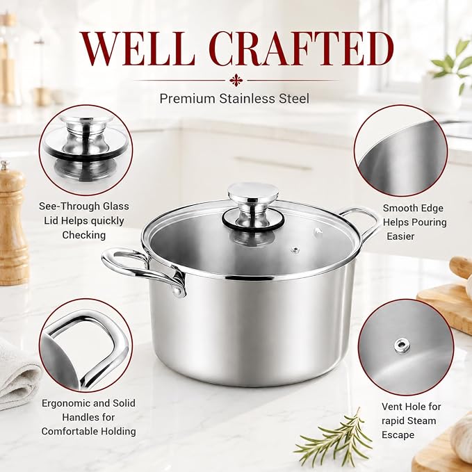 TeamFar 6 Quart Stock Pot, Tri-Ply Stainless Steel Pasta Pot with Lid | Cooking Broiling Eggs Veggies Soup, Tempered Glass Lid & Double Side Riveted Handles, Healthy & Heavy Duty, Dishwasher Safe