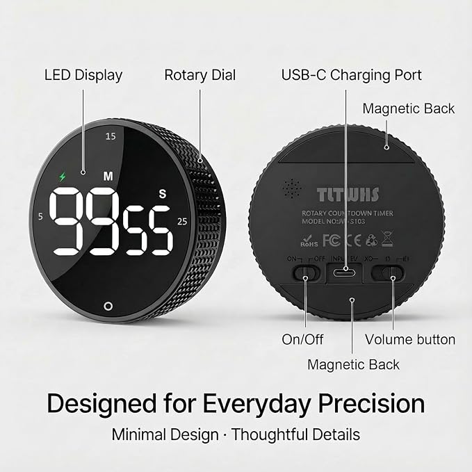Rechargeable USB-C Digital Kitchen Timer - Magnetic Countdown Countup Visual Pomodoro Timer with Large LED Display, 3-Preset Times, 3 Volume Levels, Ideal for Cooking, Baking and Study