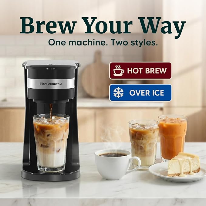 Elite Gourmet EHC113 Personal Single-Serve Compact Coffee Maker, Black | Includes 14oz stainless steel interior thermal travel mug, reusable filter - compatible with coffee grounds