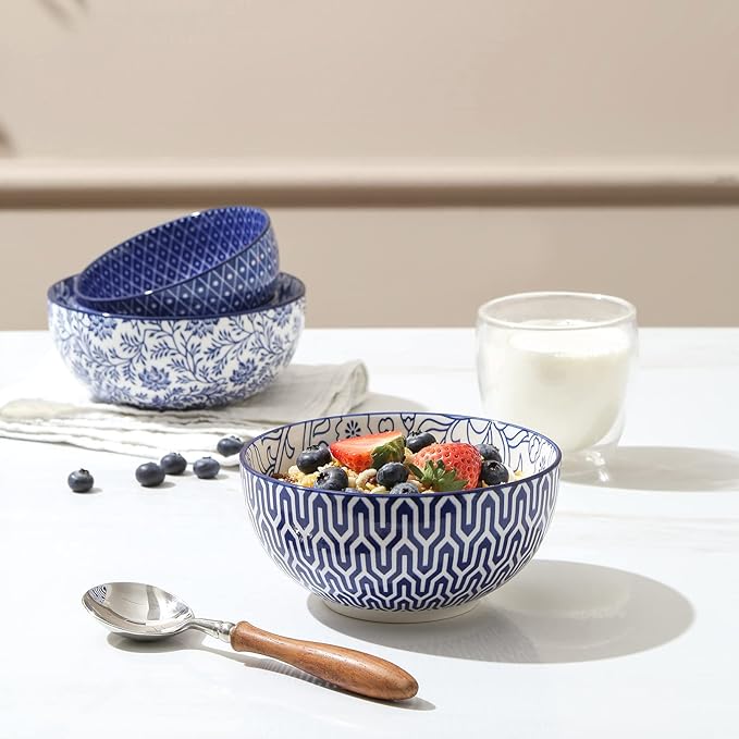 Selamica Ceramic Cereal Bowls Set of 6, 24 Oz Deep Soup Bowls for Kitchen | 5.9 Inch Dessert Bowls for Salad, Pasta, Oatmeal, Ramen, Microwave Dishwasher Safe, Vintage Blue