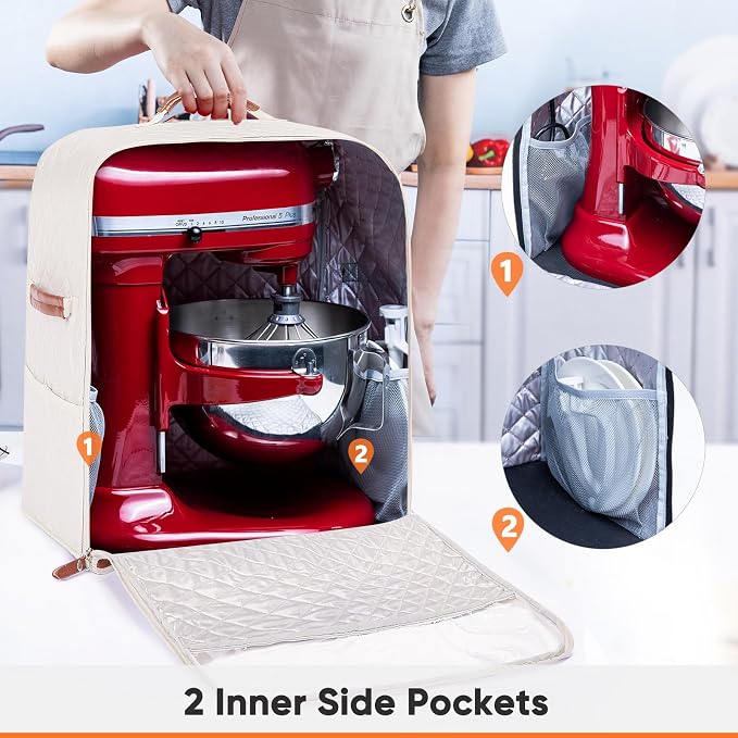 BAGSPRITE Stand Mixer Cover with Appliance Sliders Base Compatible with KitchenAid Mixer-Storage Bag for 6/7/8 Quart with Pockets for Kitchen Aid Accessories and Attachments