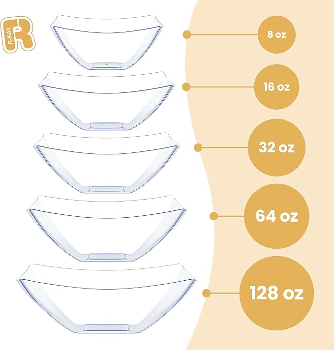 R-kay 6 Pack Extra Large Square Serving Bowl - 128 Ounce Plastic Serving Bowls For Entertaining - Clear Plastic Bowls For Salads And Snacks - Disposable bowls For All Occasions