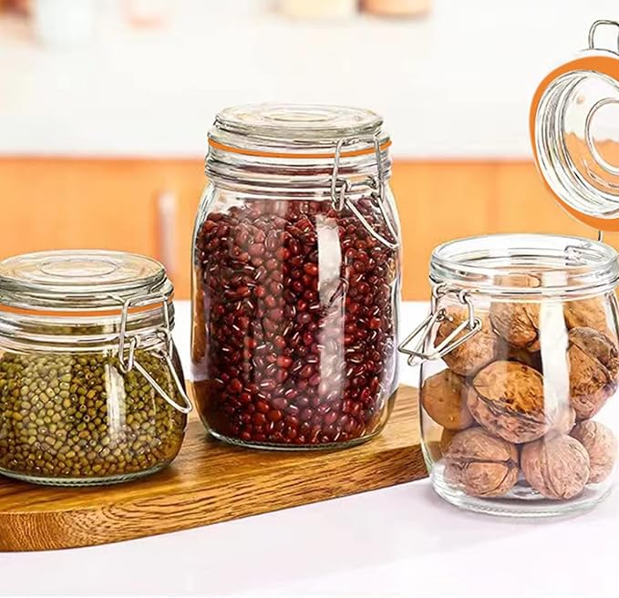 Glass Jars 32oz,Airtight Glass Food Storage Jar with Clamp Lid,1000ml Rounded Airtight Canister with Leak Proof Rubber Gasket,Clear Glass Kitchen Jars for Dry Food,Cereal,Beans,6 Pack