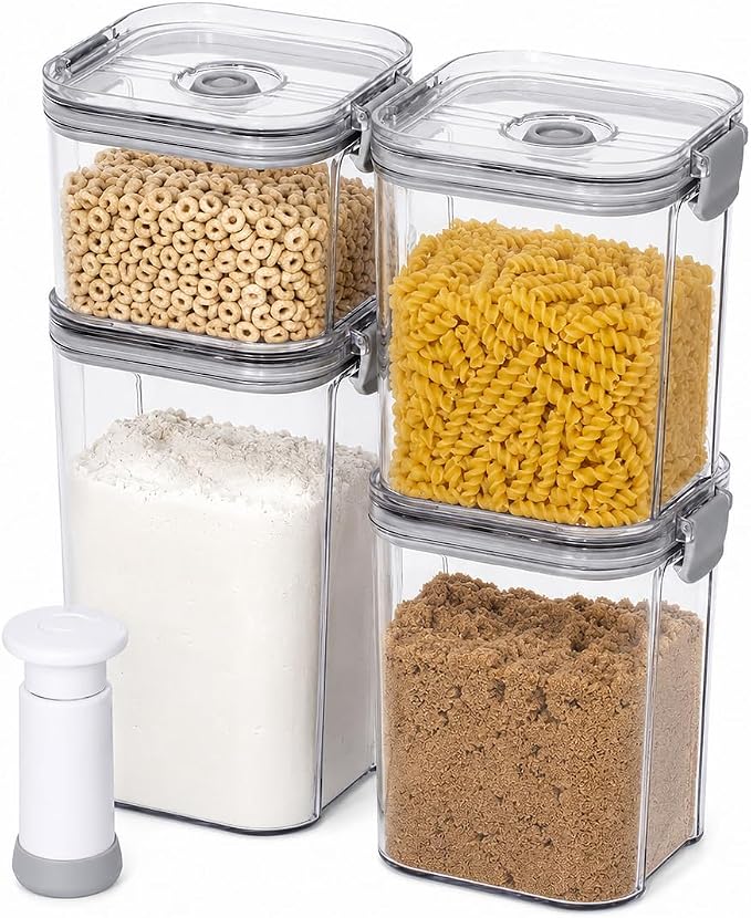 4-Piece Airtight Vacuum Food Storage Containers with Hand Pump, Reusable Leak-Proof Plastic Canisters for Longer Freshness (1.43 QT, 0.95 QT*2, 0.41 QT)