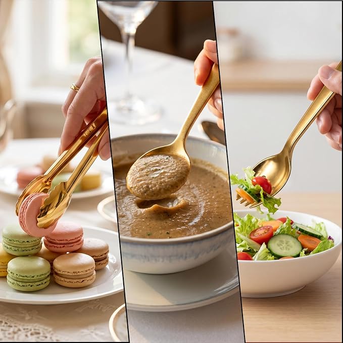 24 Pcs Gold Plastic Serving Utensils Set - Heavy Duty Disposable Serving Spoons, Forks & Tongs (8 of Each) - BPA-Free Catering Supplies for Buffets, Parties, Weddings & Events