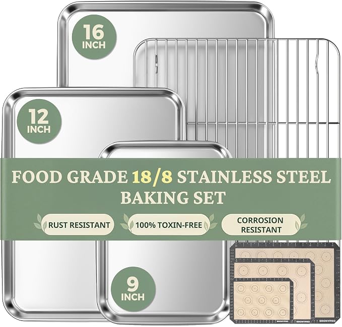 BRONYPRO 18/8 Stainless Steel Baking Sheet Set (3 Pans + 3 Mats+ 1 Rack) | Uncoated Cookie Sheets Non Toxic -PFOA & PTFE Free,Trays with Wire Rack & Macaron Silicone Mats, 9/12/16 Inch