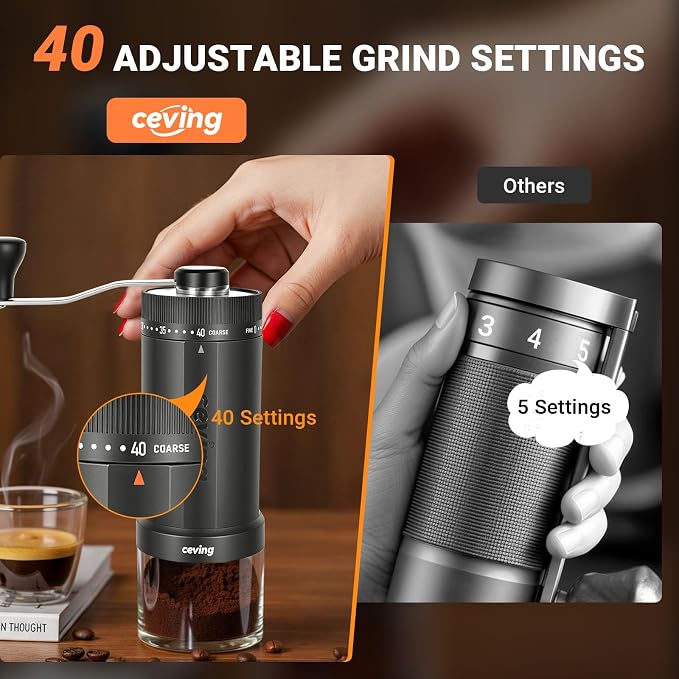 CEVING World's First 60g Large Capacity Manual Coffee Grinder, Gray | 40 External Settings, Portable Hand Coffee Bean Mill with Stainless Steel Conical Burr for Travel, Camping, Pour Over & Gift