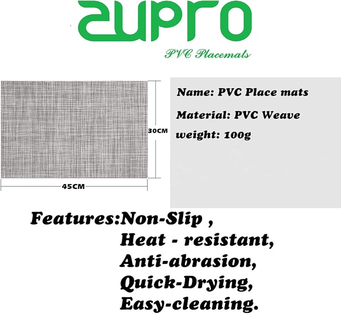 Zupro Gray Placemats Set of 4 Woven PVC 18"x12" for Indoor Outdoor Usage | Washable Heat-Resistant Non Slip Table Mats PVC Vinyl Kitchen Dining Patio Table Place Mats for Holidays Dinner Parties BBQs
