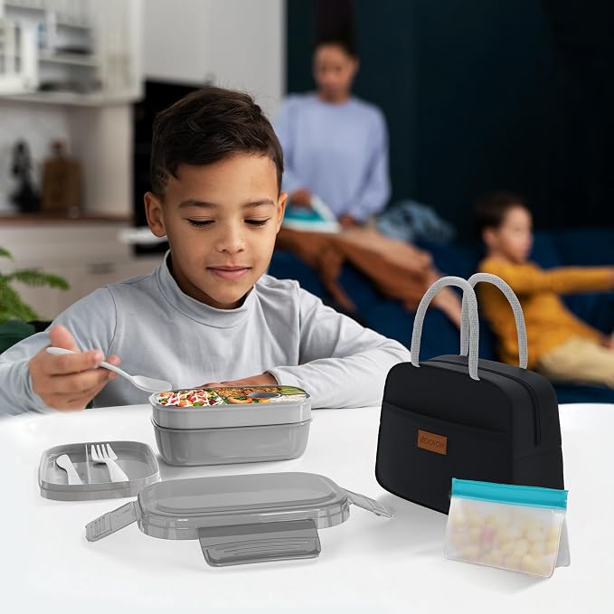 JBGOYON Leakproof Bento Box & Insulated Lunch Bag Set, 4-Piece, Black | 6-hour thermal retention, includes nested knife fork spoon, 2 reusable snack pouches, designed for adults and kids