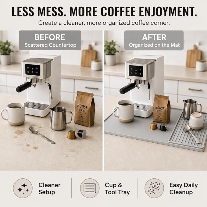 Silicone Coffee Mat 24 x 16 in with Tray, Minimal Light Gray | Coffee bar mat for countertop use, coffee station mat or coffee machine mat with removable tray and 0.47 in raised rim.