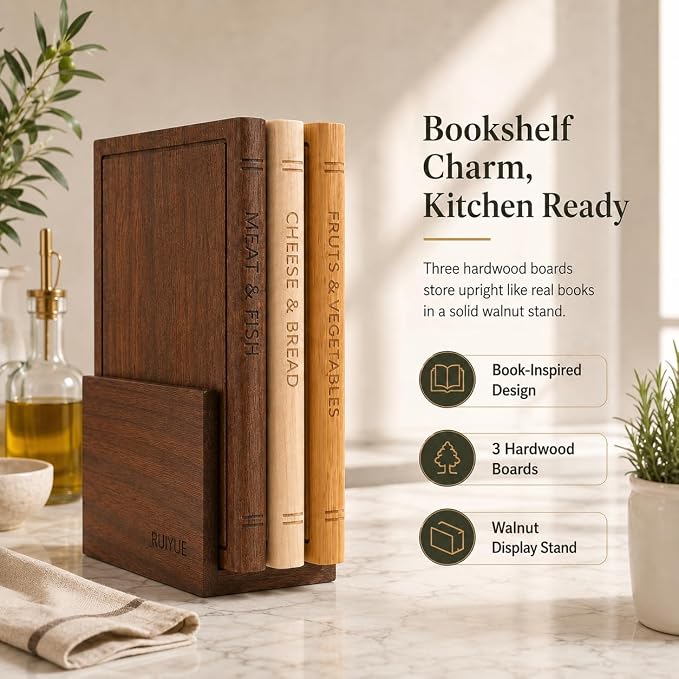 Book Shaped Cutting Board Set, 3 Boards, 13 x 10 x 0.8 Inches, Walnut Stand | Natural Maple, Sapele and Bamboo, Food-Safe Wax Oil Finish, Knife-Friendly Surfaces, Upright Display and Gift for Book Lovers