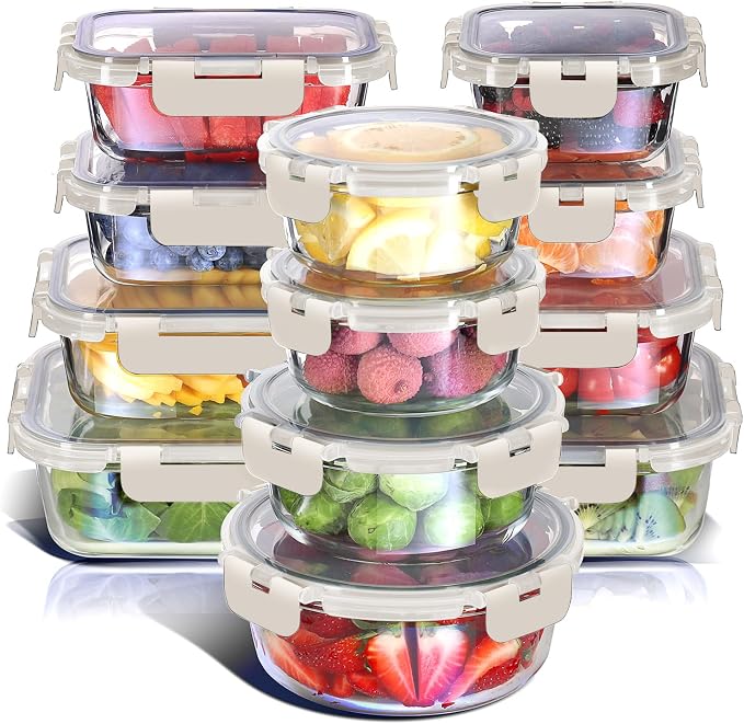 Nestl 24pc Glass Storage Containers with Lids, 12 Glass Food Storage Containers with 12 Airtight Lids for Pantry & Kitchen, Meal Prep Containers for Lunch, Oven Microwave & Dishwasher Safe, Cream