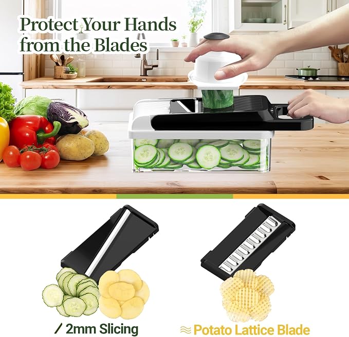15-in-1 Vegetable Chopper 10 Blades, Veggie Cutter with Handle, Black/White | Stainless Steel Blades, Food Container and Lid, Dicer, Slicer, Julienne, Egg Separator, Non-slip Base, Include Cleaning Tools