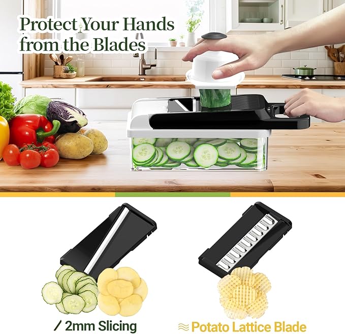 12-in-1 Vegetable Chopper 7 Blades, Veggie Cutter with Handle, Black/White | Stainless Steel Blades, Food Container and Lid, Dicer, Slicer, Julienne, Egg Separator, Non-slip Base, Include Cleaning Tools