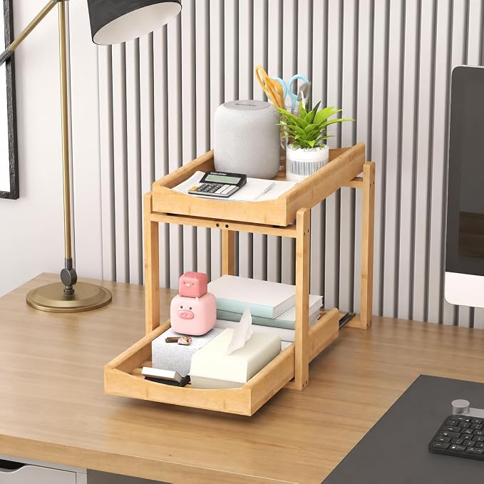 MHXW SXPN Bamboo Under Sink Organizer, 2 Pack Pull Out Cabinet Organizer | 2 Tier Vertical Smooth Slide Out Undersink Storage Shelf | Multi-Purpose Organizer Shelves for Kitchen Bathroom Medicine