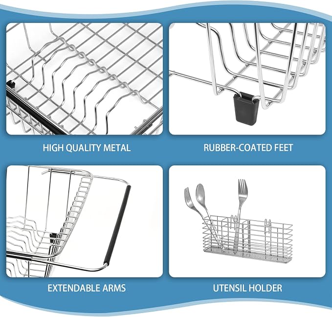 304 Stainless Steel Drying Rack, Expandable, Adjustable Inside The Sink (up to 9 Upright Utensils) | Adjustable Sink Dish Drying Rack, Expandable Stainless Steel Organizer, Fits Most Sinks, Holds Up to 9 Upright Utensils